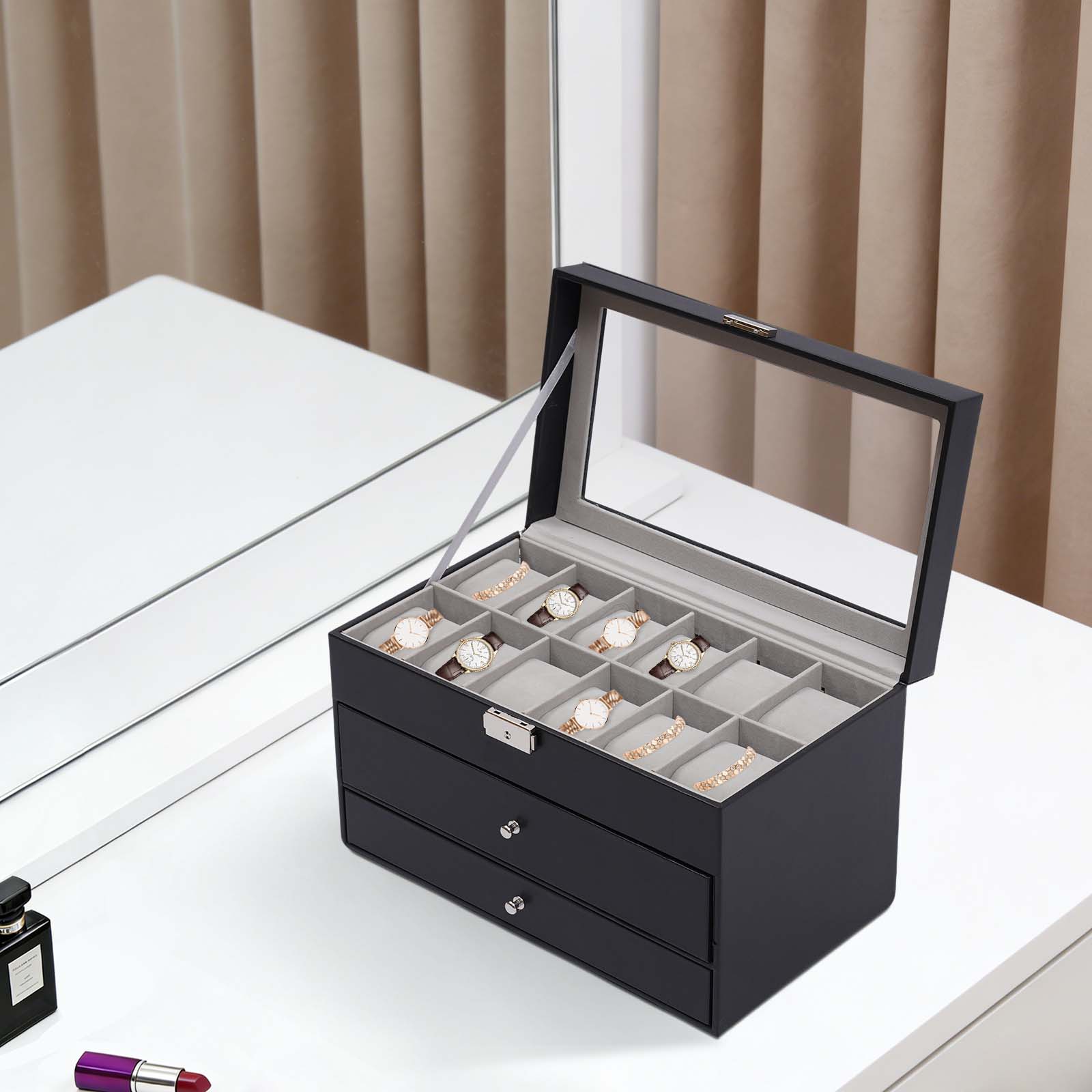 Jewelry Box Watches Bracelets - Caja organizadora de sobremesa negra de